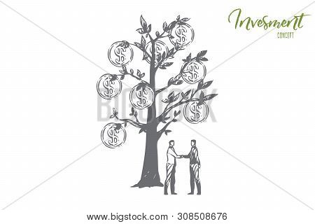 Investment Concept Sketch. Two Men Shaking Hands. Money Tree With Coins. Stock Trading, Making Profi