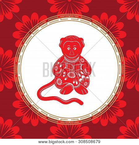 Chinese Zodiac Sign Of The Year Of The Monkey. Red Monkey With White Ornament.