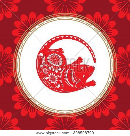 Chinese Zodiac Symbol Of The Year Of The Rat. Red Rat With White Ornament.