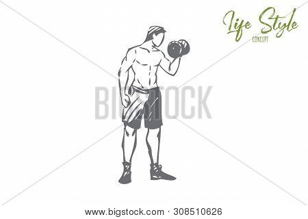 Culturism Concept Sketch. Lifting Weights, Dumbbells Doing Bicep Curls. Man In Great Shape. Doing Fi