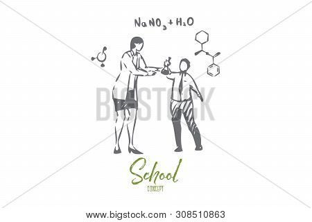 Chemistry Teacher Concept Sketch. Professor Giving Information About Chemicals. Young Boy Holding A 