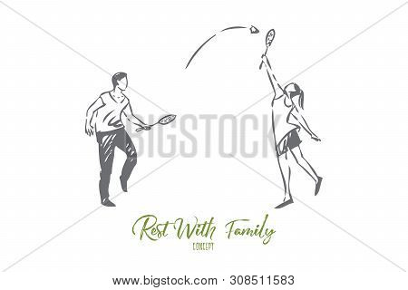 Sports With Family Concept Sketch. Couple Playing Badminton Together. Having Fun With Significant Ot