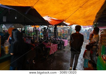 Kota Kinabulu, Borneo - June 1 2019; Night Street Market For Locals Selling Local Fruit And Vegetabl