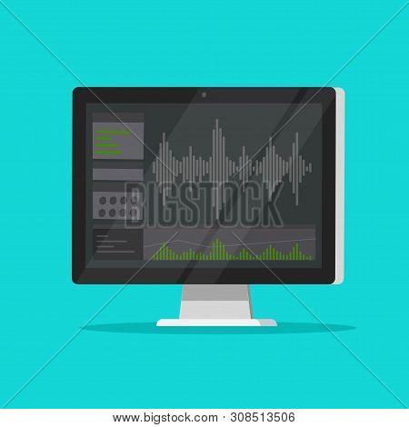 Sound Or Audio Recorder Or Editor Software On Computer Screen, Flat Cartoon Monitor With Audio Mixer