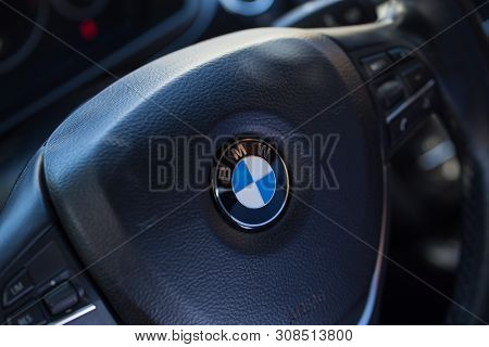 Kiev, Ukraine - June 26, 2019: Bmw Logo On The Steering Wheel Close-up.