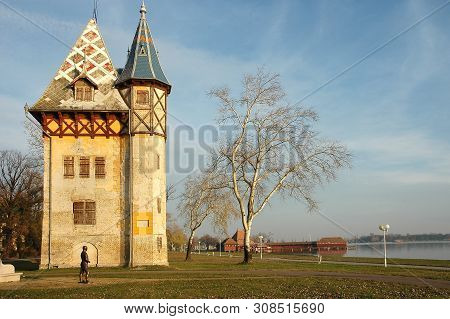 Palic Lake With Old Villas, Beach And Promenade On The Autumn Sun