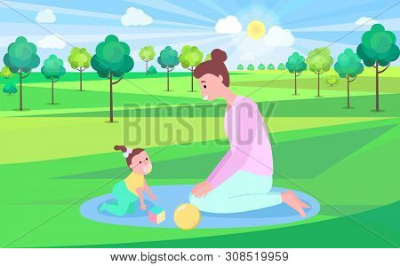 Woman Playing With Baby On Mat Outdoor, Mother And Daughter Sitting On Grass Near Trees, Funny Time,
