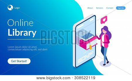 Online Library Concept. Books In Your Phone Or Tablet. Young Girl Love To Read. Can Use For Web Bann