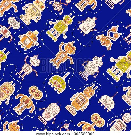 Vector Seamless Background With Colorful Illustration Of Cute Robots. Can Be Used For Wallpaper, Pat