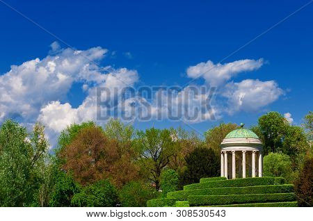 Neoclassical Architecture And Landscape In Vicenza. Monopteros Temple Erected In 1820 In The Querini