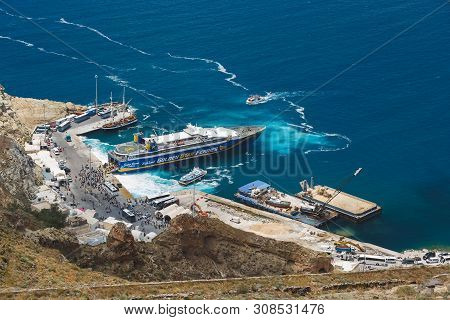 Santorini Athinios Port - June  04, 2019.  Aerial  View Of Athinios Ferry Port In Santorini