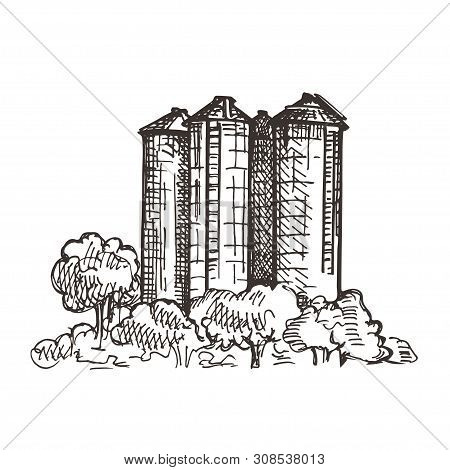 Country Landscape With Grain Elevator. Sketch Graphics.