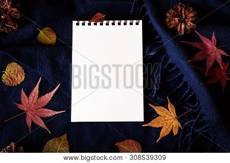 Autumn Background In Low-key Lighting - The Empty Notebook Page Is Next To The Red, Dark Yellow And 