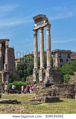 Rome, Italy - June 24, 2017: Ruins Of Temple Of Dioscuri At Roman Forum In City Of Rome, Italy