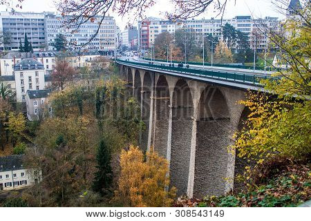 Luxembourg, November 17: Traffic On Viaduct Bridge Passerelle In Luxembourg On November 17, 2012. Th