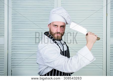 Man Wear Apron Cooking In Kitchen. Man Use Sharp Cleaver Knife. Types Of Knives. Sharp Knife Profess