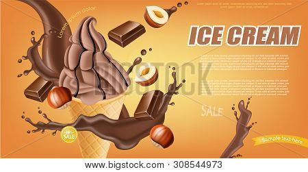 Chocolate Ice Cream Cone Vector Realistic. Dark Chocolate Splash And Nuts Flavor. Swirled Smooth Cre