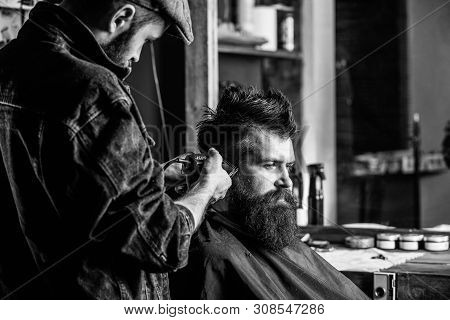 Barber With Clipper Trimming Hair On Temple Of Client. Hipster Client Getting Haircut. Barber With H
