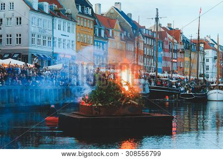 Copenhagen, Zealand Denmark - June 23 2019: Burning The Witch On Bonfire The Middle Of Nyhavn Canal 