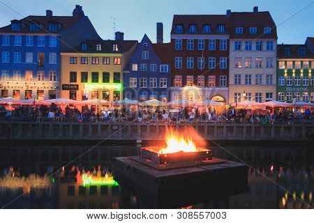 Copenhagen, Zealand Denmark - June 23 2019: Burning The Witch On Bonfire The Middle Of Nyhavn Canal 