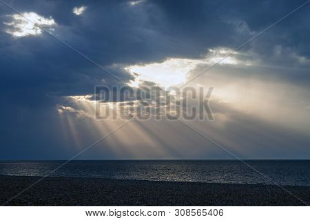 Sun Shines On A Sea In Batumi, Georgia.
