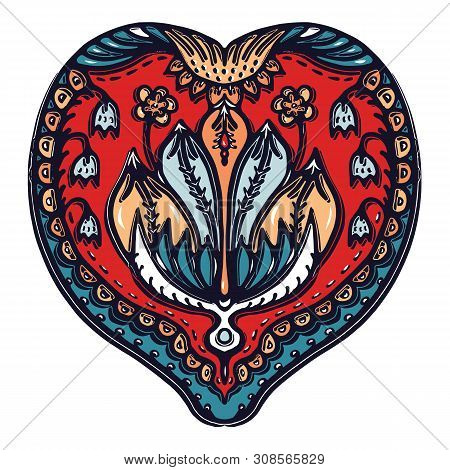 Floral Leaf Paisley Eastern European Style. Hand Drawn Lino Cut Block Print. Ornate Arabesque Flower