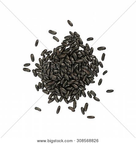 Close Up Heap Of Black Frigole Kidney Beans Isolated On White Background, Close Up, Elevated Top Vie