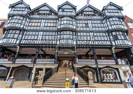 Chester, Uk - 26th June 2019: The Front Of The Grosvenor Shopping Centre In The Middle Of Chester, C