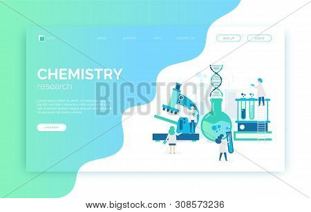 Chemical Laboratory Illustration With Scientists, Microscope, Tubes, Dna, Researches.