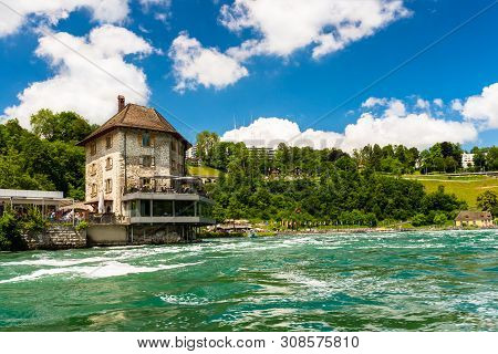 Neuhausen Am Rheinfall, Switzerland - 23 July 2019. Waterfall On The River Rhine In Neuhausen Am Rhe