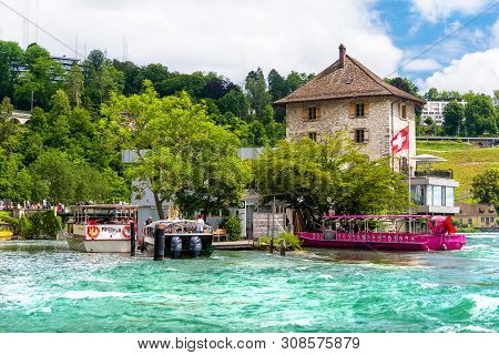 Neuhausen Am Rheinfall, Switzerland - 23 July 2019. Waterfall On The River Rhine In Neuhausen Am Rhe