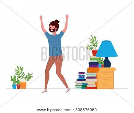 Young Man Dancing In Living Room Character Vector Illustration Design