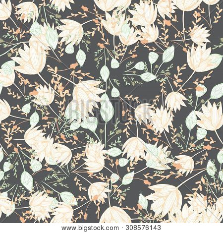 Color Lotus Flower Hand Drawn, Floral Seamless Pattern, Simple Vector Illustration