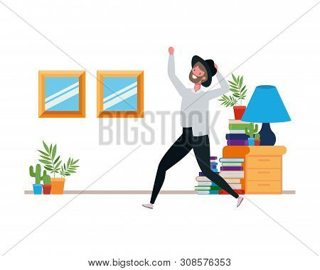 Young Man Dancing In Living Room Character Vector Illustration Design
