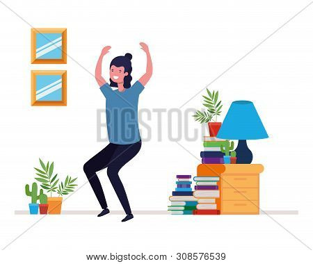 Young Man Dancing In Living Room Character Vector Illustration Design