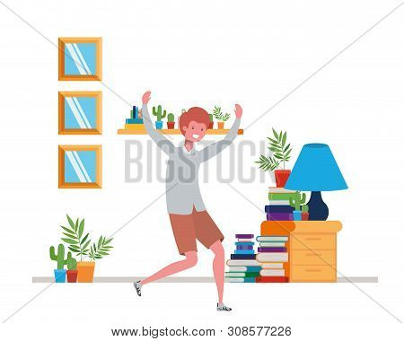 Young Man Dancing In Living Room Character Vector Illustration Design