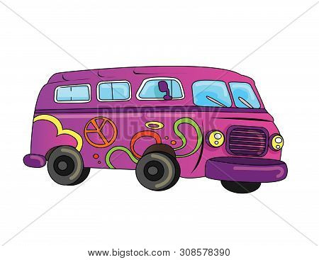 Cartoon Vector Illustration Of A 60s Peace Van Wagon