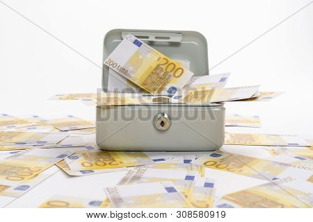 Many 200 Euros Of Banknotes Scattered Over A Petty Cash