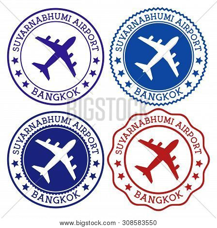 Suvarnabhumi Airport Bangkok. Bangkok Airport Logo. Flat Stamps In Material Color Palette. Vector Il