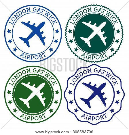 London Gatwick Airport. London Airport Logo. Flat Stamps In Material Color Palette. Vector Illustrat