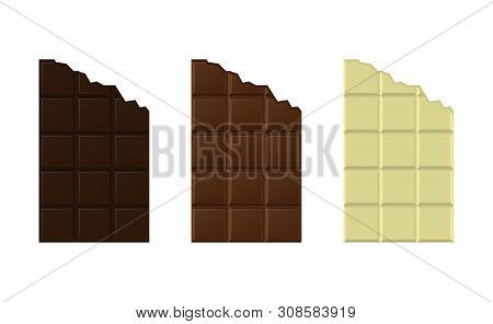 Dark, Milk And White Chocolate Bar Icons Isolated. Bitten Off Chocolate Bars