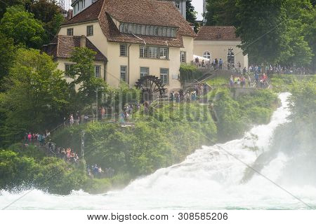 Neuhausen Am Rheinfall, Switzerland - 23 July 2019. Waterfall On The River Rhine In The City Neuhaus