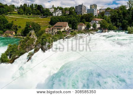 Neuhausen Am Rheinfall, Switzerland - 23 July 2019. Waterfall On The River Rhine In The City Neuhaus