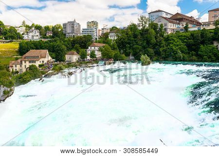 Neuhausen Am Rheinfall, Switzerland - 23 July 2019. Waterfall On The River Rhine In The City Neuhaus
