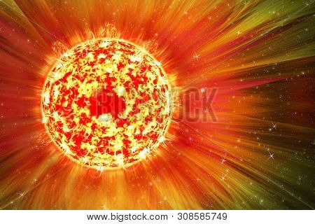 Extreme Solar Storm, Solar Flares. Sunburst Rays Of Sunlight. Orange Sun Light Background. Bright Lu