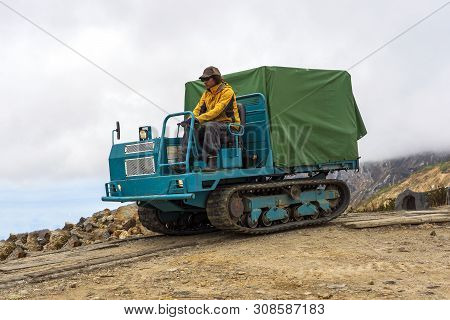 Tateyama, Japan - October 3, 2018. A Man Is Driving The Land Rover. Cross Country All Terrain Vehicl