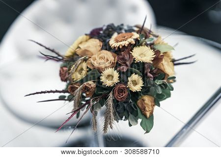 Bouquet Of Autumn Leaves, Roses, Asters, Ears In Fall Shades. Flower Autumn Composition