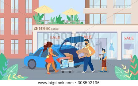 Banner Is Written Shopping Center Sale Cartoon. Flyer Family Bought Tv On Sale At Mall. Poster Man P