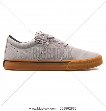Vienna, Austria - August 25, 2017: Supra Stacks Vulc Two Grey Sneaker On White Background.
