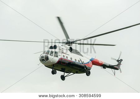 Tyumen, Russia - June 19, 2019: Aircraft Repair Helicopter Utair Engineering Plant. Test Flight Of M